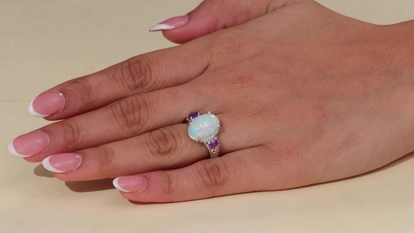 D'Joy AAA Ethiopian Welo Opal, Purple Sapphire Ring in Rhodium Over Sterling Silver (Size 10.0) 4.60 ctw