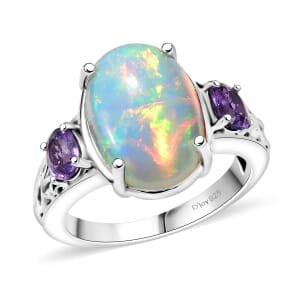 D'Joy AAA Ethiopian Welo Opal and Purple Sapphire 4.60 ctw Ring in Rhodium Over Sterling Silver (Size 8.0)