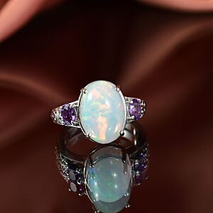 D'Joy AAA Ethiopian Welo Opal and Madagascar Purple Sapphire 4.60 ctw Aurora Blossom Ring in Rhodium Over Sterling Silver (Size 8.0)