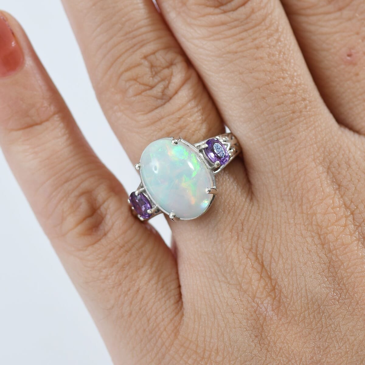 D'Joy AAA Ethiopian Welo Opal and Purple Sapphire 4.60 ctw Ring in Rhodium Over Sterling Silver (Size 8.0) image number 2