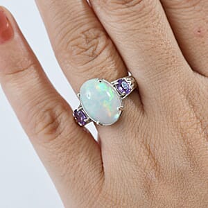 D'Joy AAA Ethiopian Welo Opal and Madagascar Purple Sapphire 4.60 ctw Aurora Blossom Ring in Rhodium Over Sterling Silver (Size 8.0)
