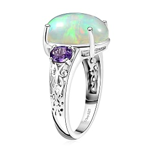 D'Joy AAA Ethiopian Welo Opal and Madagascar Purple Sapphire 4.60 ctw Aurora Blossom Ring in Rhodium Over Sterling Silver (Size 8.0)