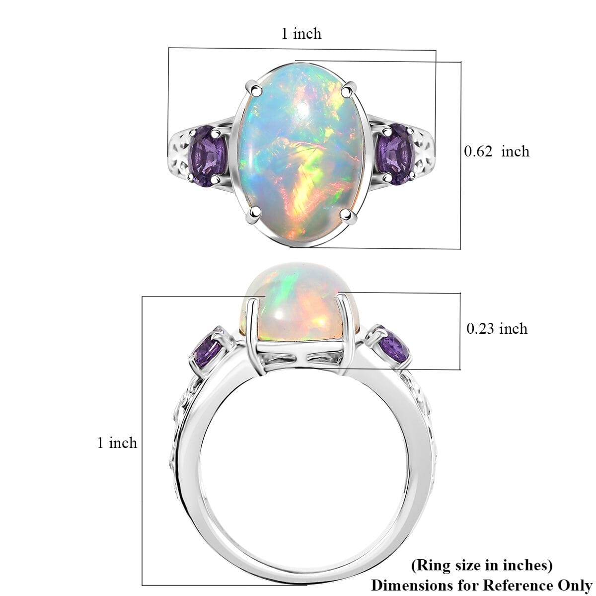 D'Joy AAA Ethiopian Welo Opal and Purple Sapphire 4.60 ctw Ring in Rhodium Over Sterling Silver (Size 8.0) image number 5