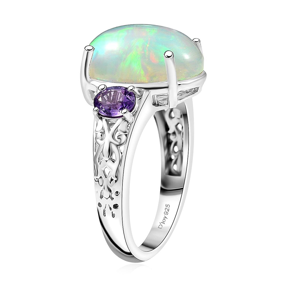 D'Joy AAA Ethiopian Welo Opal and Madagascar Purple Sapphire 4.60 ctw Aurora Blossom Ring in Rhodium Over Sterling Silver (Size 9.0) image number 3