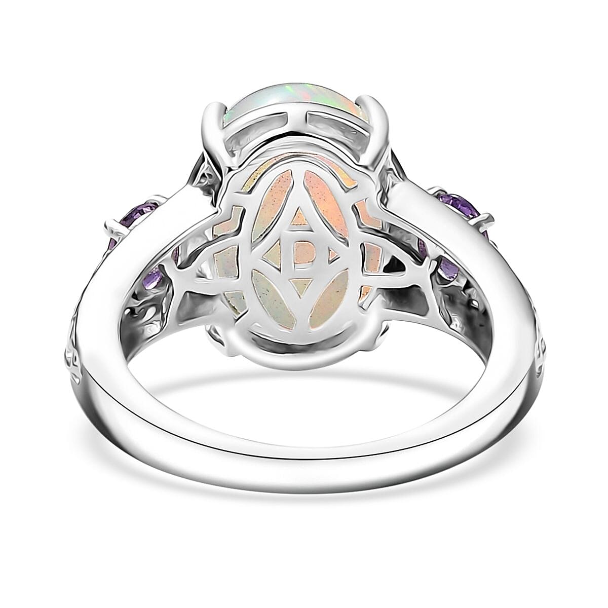 D'Joy AAA Ethiopian Welo Opal and Madagascar Purple Sapphire 4.60 ctw Aurora Blossom Ring in Rhodium Over Sterling Silver (Size 9.0) image number 4