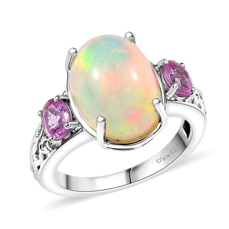 D'Joy AAA Ethiopian Welo Opal, Madagascar Pink Sapphire Aurora Blossom Ring in Rhodium Over Sterling Silver 4.60 ctw (Size 10.0)