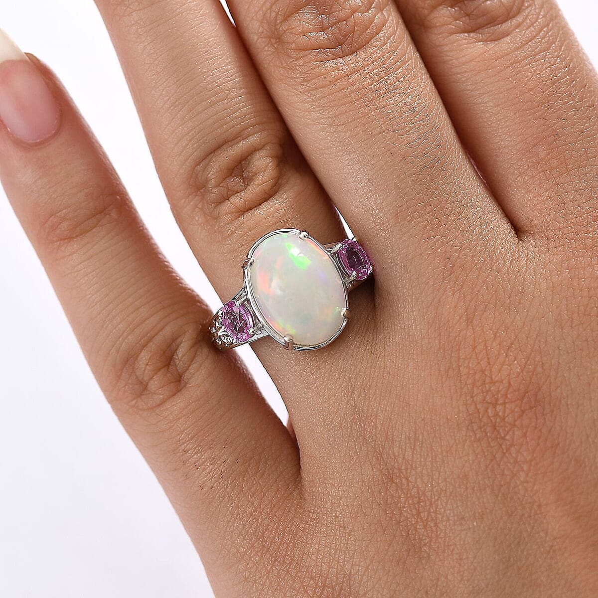 D'Joy AAA Ethiopian Welo Opal and Madagascar Pink Sapphire 4.60 ctw Aurora Blossom Ring in Rhodium Over Sterling Silver (Size 10.0) image number 2