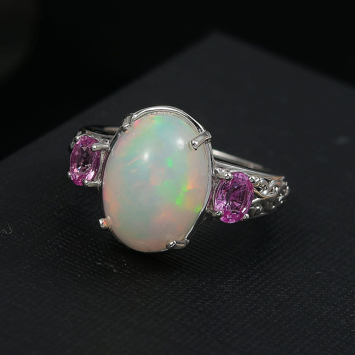 D'Joy AAA Ethiopian Welo Opal and Madagascar Pink Sapphire 4.60 ctw Ring in Rhodium Over Sterling Silver (Size 5.0) image number 1