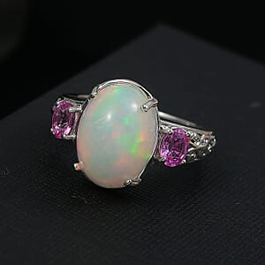 D'Joy AAA Ethiopian Welo Opal, Madagascar Pink Sapphire Aurora Blossom Ring in Rhodium Over Sterling Silver 4.60 ctw (Size 5.0)