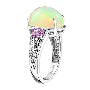 D'Joy AAA Ethiopian Welo Opal, Madagascar Pink Sapphire Aurora Blossom Ring in Rhodium Over Sterling Silver 4.60 ctw (Size 5.0)
