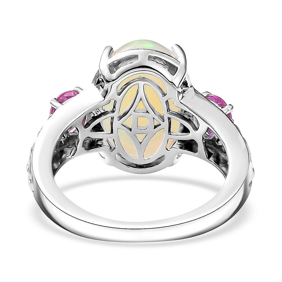 D'Joy AAA Ethiopian Welo Opal and Madagascar Pink Sapphire 4.60 ctw Ring in Rhodium Over Sterling Silver (Size 5.0) image number 4
