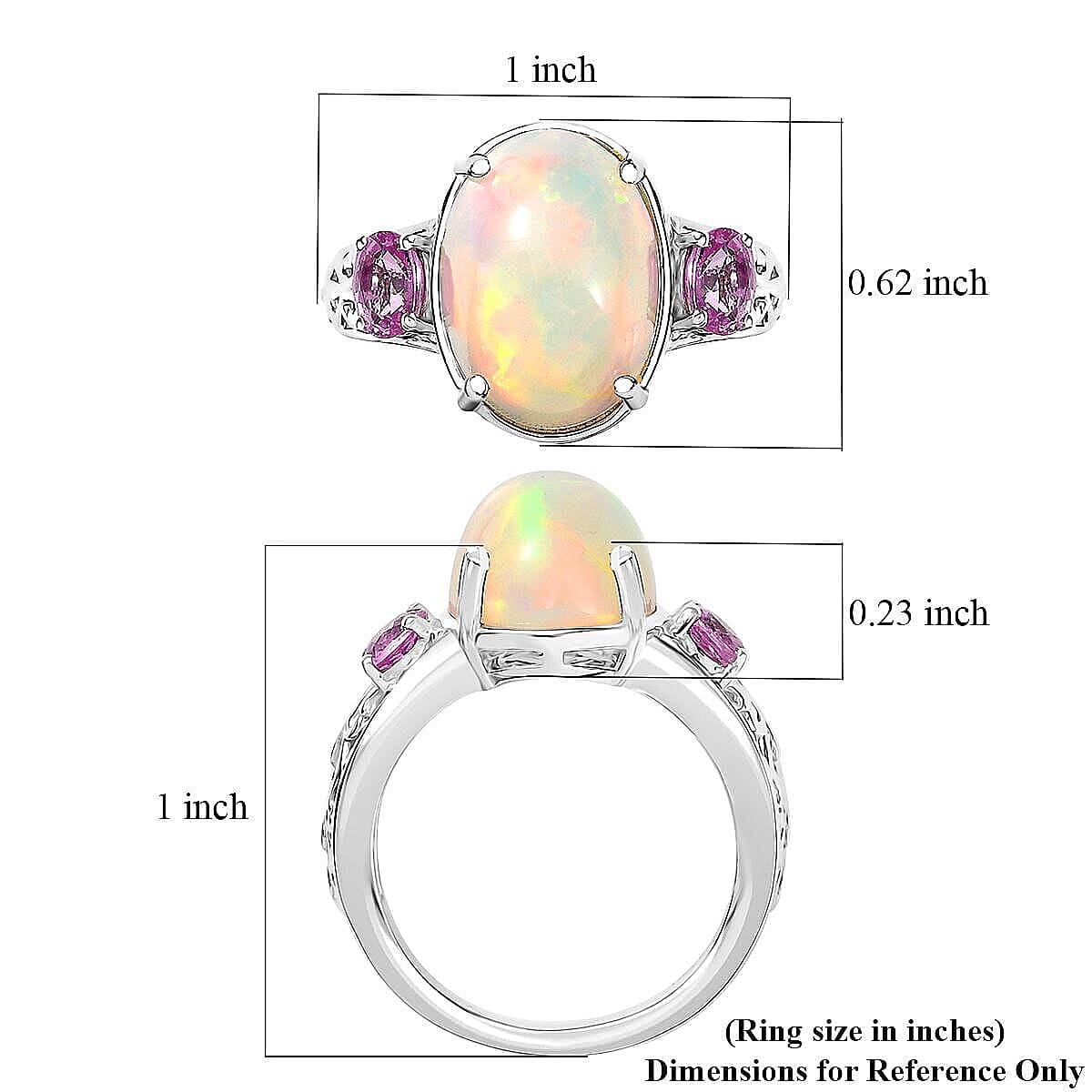D'Joy AAA Ethiopian Welo Opal and Madagascar Pink Sapphire 4.60 ctw Ring in Rhodium Over Sterling Silver (Size 5.0) image number 5