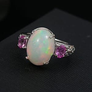 D'Joy AAA Ethiopian Welo Opal, Madagascar Pink Sapphire Aurora Blossom Ring in Rhodium Over Sterling Silver 4.60 ctw (Size 6.0)