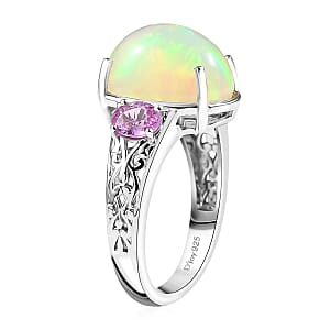 D'Joy AAA Ethiopian Welo Opal, Madagascar Pink Sapphire Aurora Blossom Ring in Rhodium Over Sterling Silver 4.60 ctw (Size 7.0)