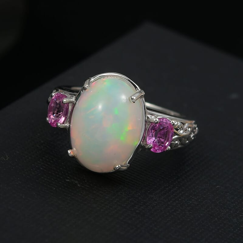 D'Joy AAA Ethiopian Welo Opal and Madagascar Pink Sapphire 4.60 ctw Aurora Blossom Ring in Rhodium Over Sterling Silver (Size 8.0)