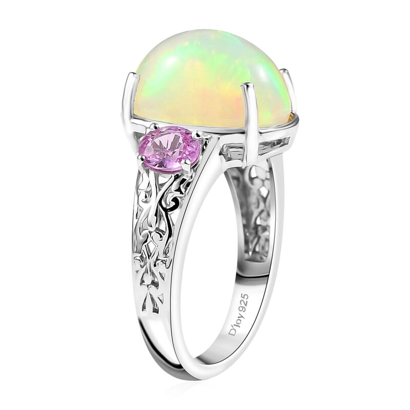 D'Joy AAA Ethiopian Welo Opal and Madagascar Pink Sapphire 4.60 ctw Aurora Blossom Ring in Rhodium Over Sterling Silver (Size 8.0)