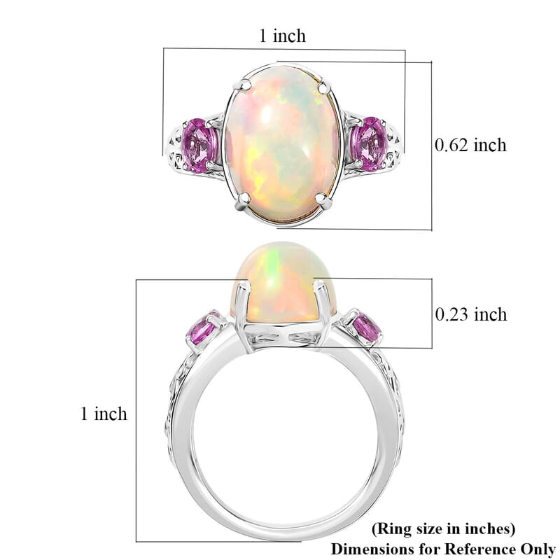 D'Joy AAA Ethiopian Welo Opal and Madagascar Pink Sapphire 4.60 ctw Aurora Blossom Ring in Rhodium Over Sterling Silver (Size 8.0)