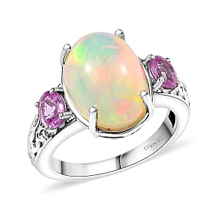 D'Joy AAA Ethiopian Welo Opal and Madagascar Pink Sapphire 4.60 ctw Aurora Blossom Ring in Rhodium Over Sterling Silver (Size 9.0)