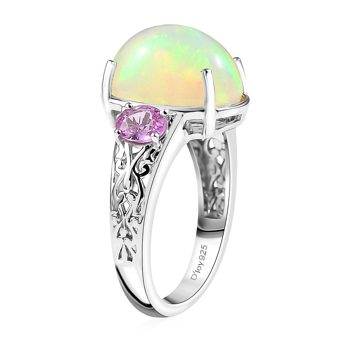 D'Joy AAA Ethiopian Welo Opal and Madagascar Pink Sapphire 4.60 ctw Aurora Blossom Ring in Rhodium Over Sterling Silver (Size 9.0) image number 3