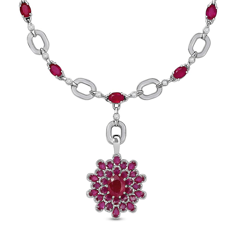 D'Joy Niassa Ruby (FF) and Moissanite 30.50 ctw Crimson Radiance Necklace 18 Inches in Rhodium Over Sterling Silver