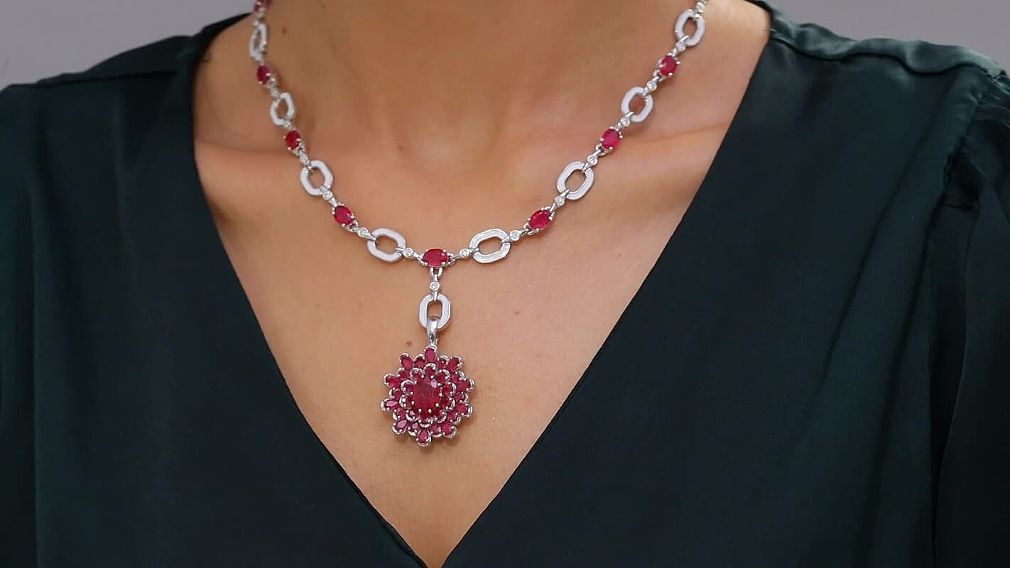D'Joy Niassa Ruby (FF) and Moissanite 30.50 ctw Crimson Radiance Necklace 18 Inches in Rhodium Over Sterling Silver