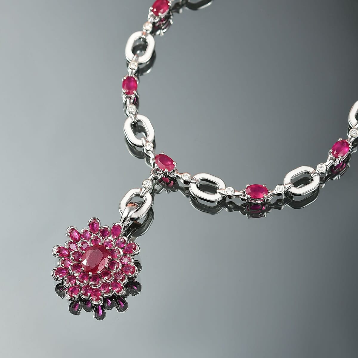D'Joy Niassa Ruby (FF) and Moissanite 30.50 ctw Necklace 18 Inches in Rhodium Over Sterling Silver image number 1