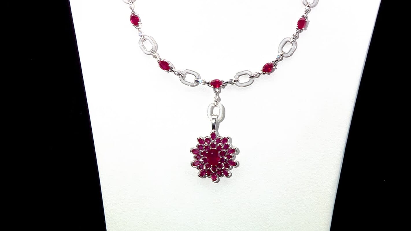 D'Joy Niassa Ruby (FF) and Moissanite 30.50 ctw Crimson Radiance Necklace 18 Inches in Rhodium Over Sterling Silver