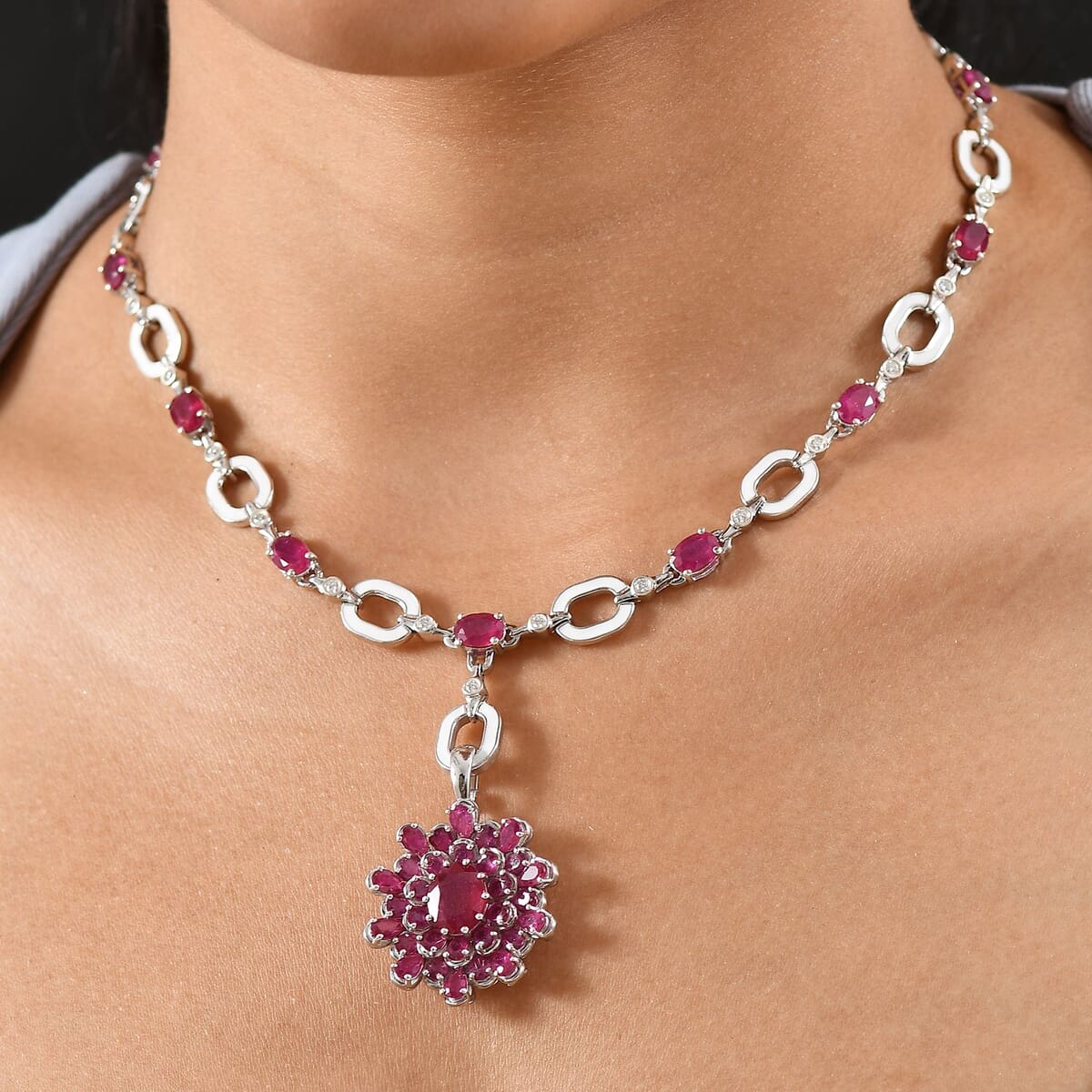 D'Joy Niassa Ruby (FF) and Moissanite 30.50 ctw Necklace 18 Inches in Rhodium Over Sterling Silver image number 2