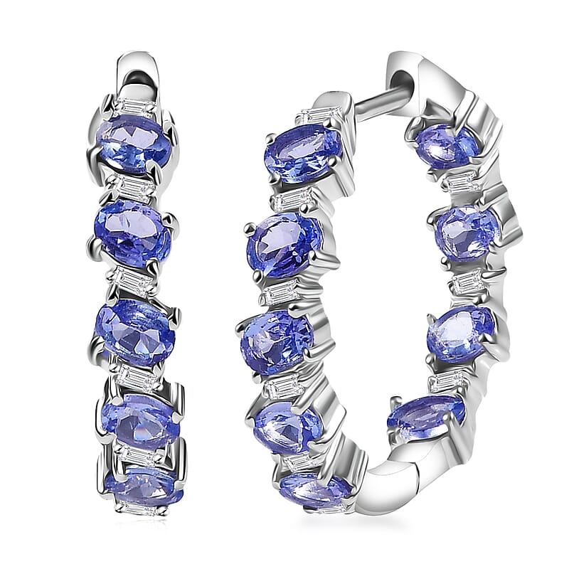 D'Joy Tanzanite and Moissanite 3.20 ctw Floral Vines Hoop Earrings in Rhodium Over Sterling Silver