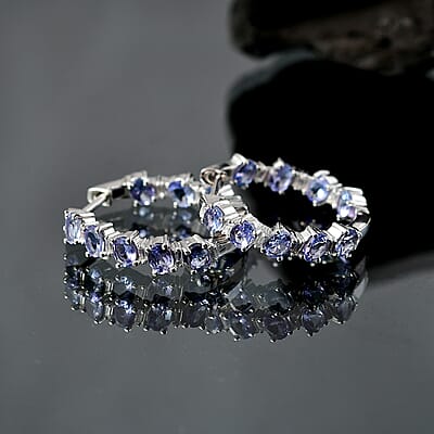 D'Joy Tanzanite and Moissanite 3.20 ctw Floral Vines Hoop Earrings in Rhodium Over Sterling Silver