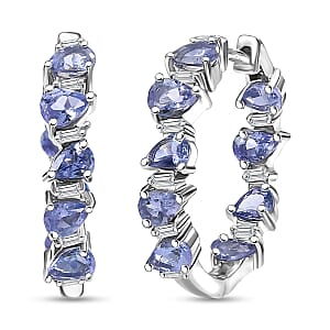 D'Joy Tanzanite and Moissanite 4.00 ctw Floral Vines Hoop Earrings in Rhodium Over Sterling Silver