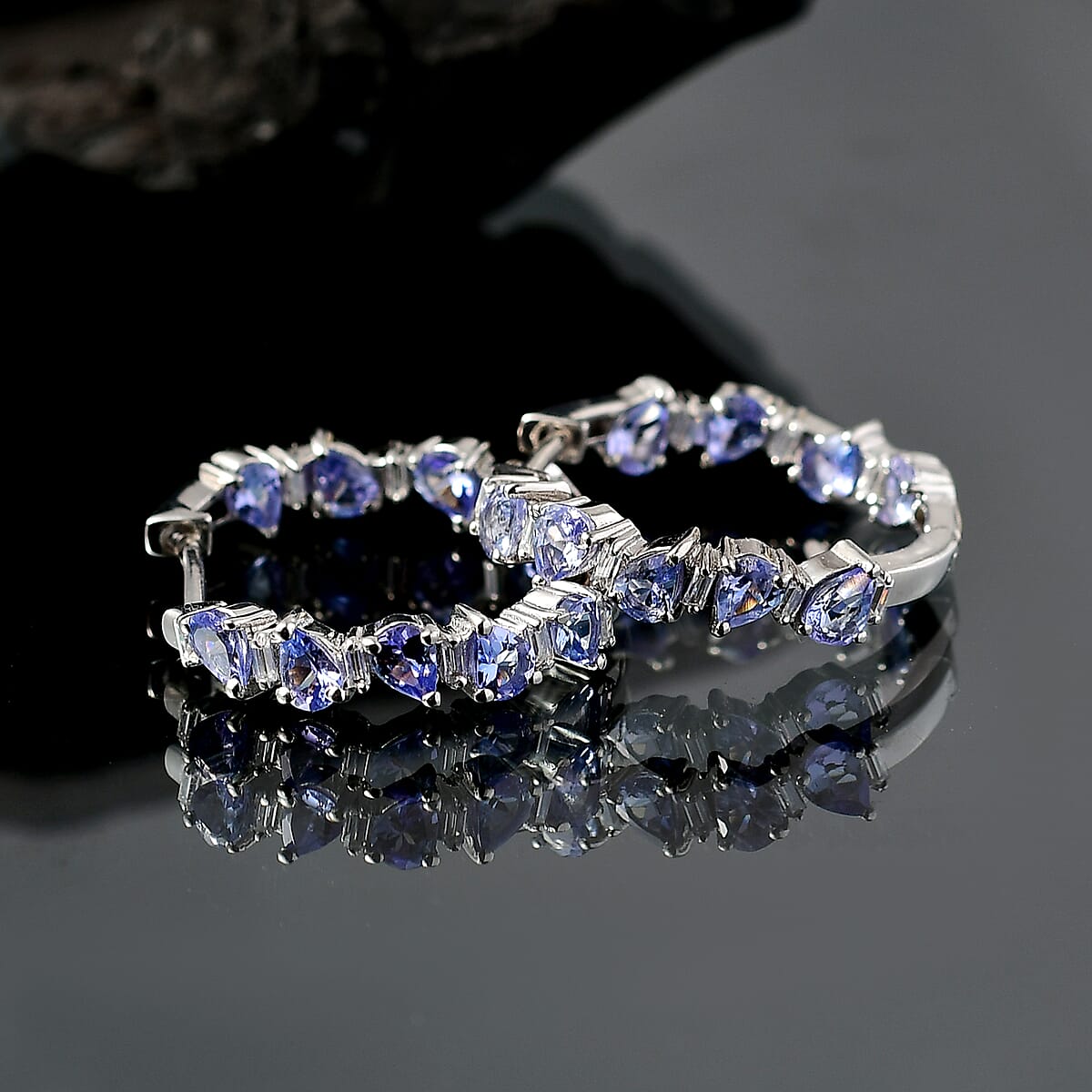 D'Joy Tanzanite and Moissanite 4.00 ctw Floral Vines Hoop Earrings in Rhodium Over Sterling Silver image number 1