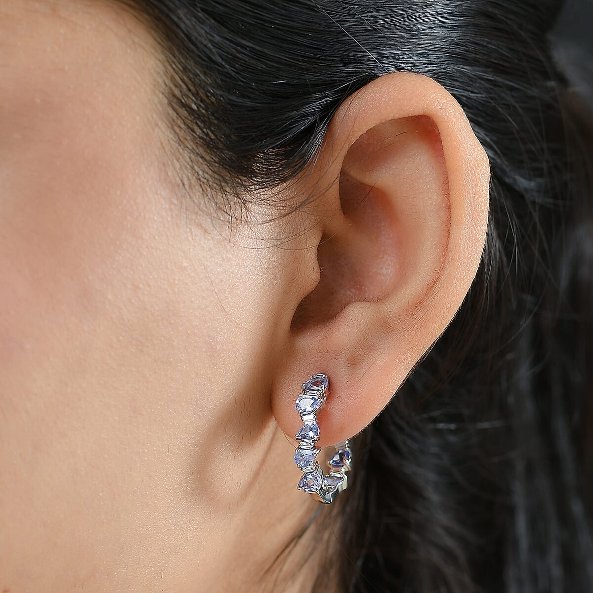 D'Joy Tanzanite and Moissanite 4.00 ctw Floral Vines Hoop Earrings in Rhodium Over Sterling Silver image number 2