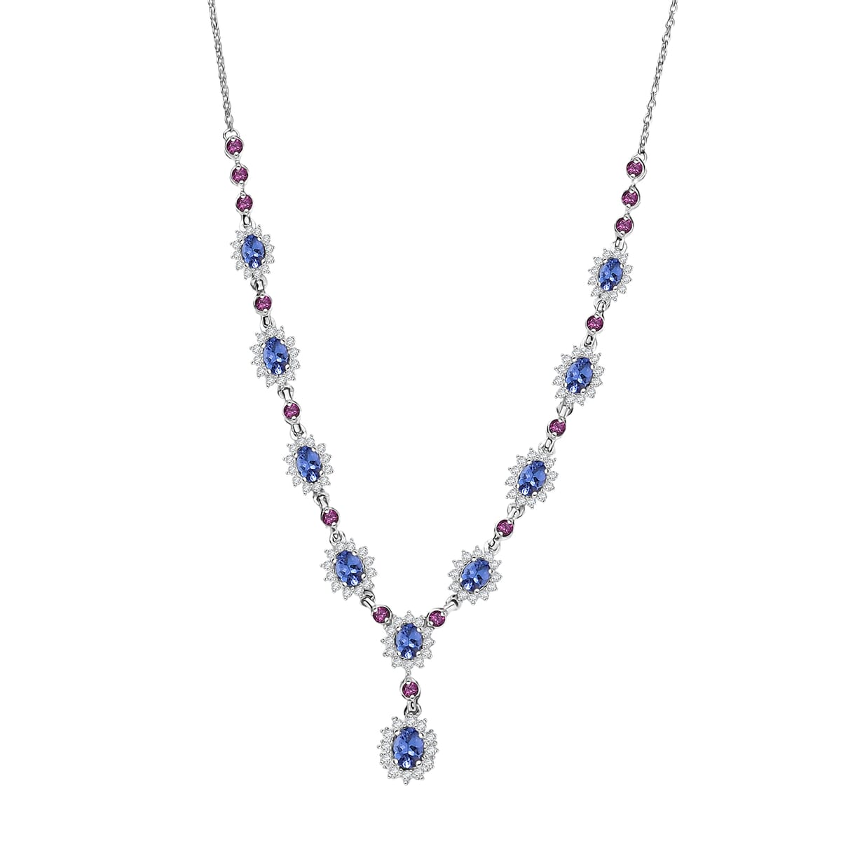 D’Joy Tanzanite and Multi Gemstone 5.25 ctw Starburst Halo Necklace 18 Inches in Rhodium Over Sterling Silver image number 0