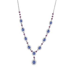 D’Joy Tanzanite and Multi Gemstone 5.25 ctw Starburst Halo Necklace 18 Inches in Rhodium Over Sterling Silver