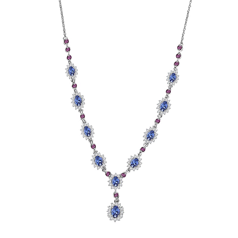 D'Joy Tanzanite and Multi Gemstone 5.25 ctw Starburst Halo Necklace 18 Inches in Rhodium Over Sterling Silver