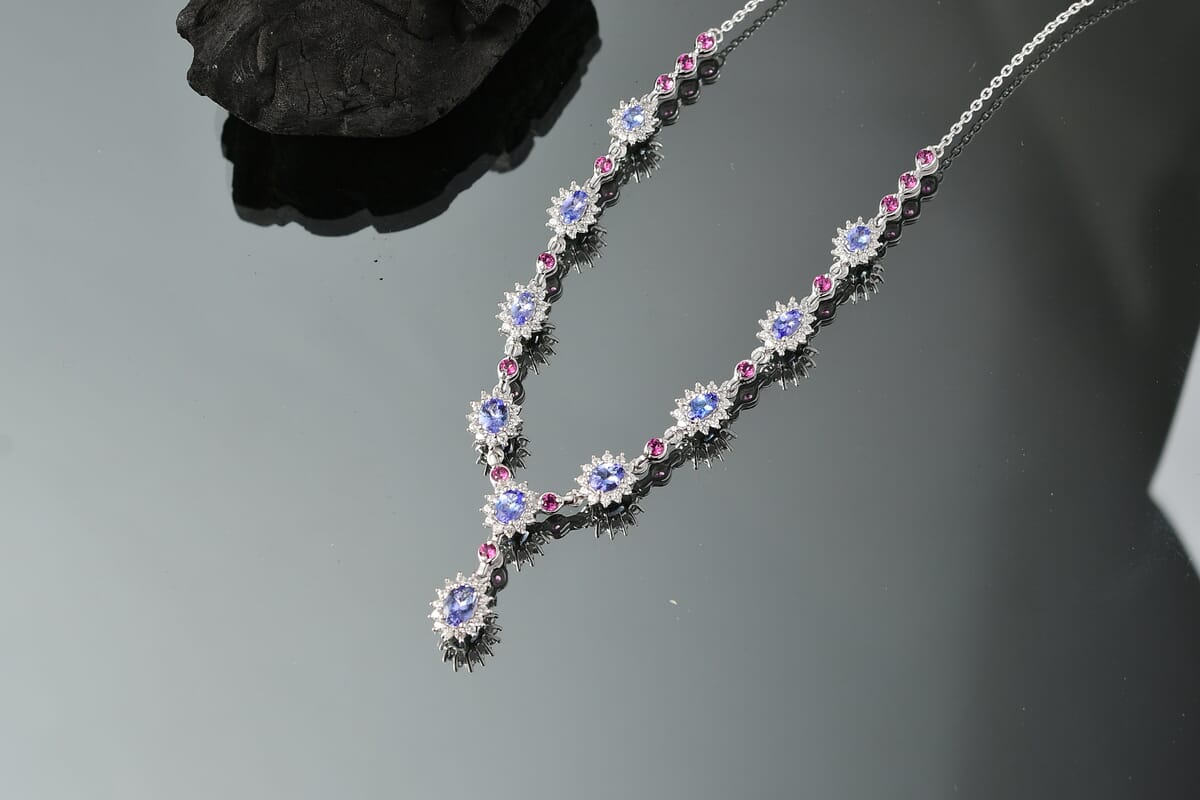 D’Joy Tanzanite and Multi Gemstone 5.25 ctw Starburst Halo Necklace 18 Inches in Rhodium Over Sterling Silver image number 1