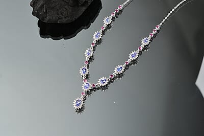 D'Joy Tanzanite and Multi Gemstone 5.25 ctw Starburst Halo Necklace 18 Inches in Rhodium Over Sterling Silver