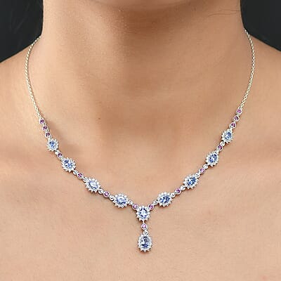 D'Joy Tanzanite and Multi Gemstone 5.25 ctw Starburst Halo Necklace 18 Inches in Rhodium Over Sterling Silver