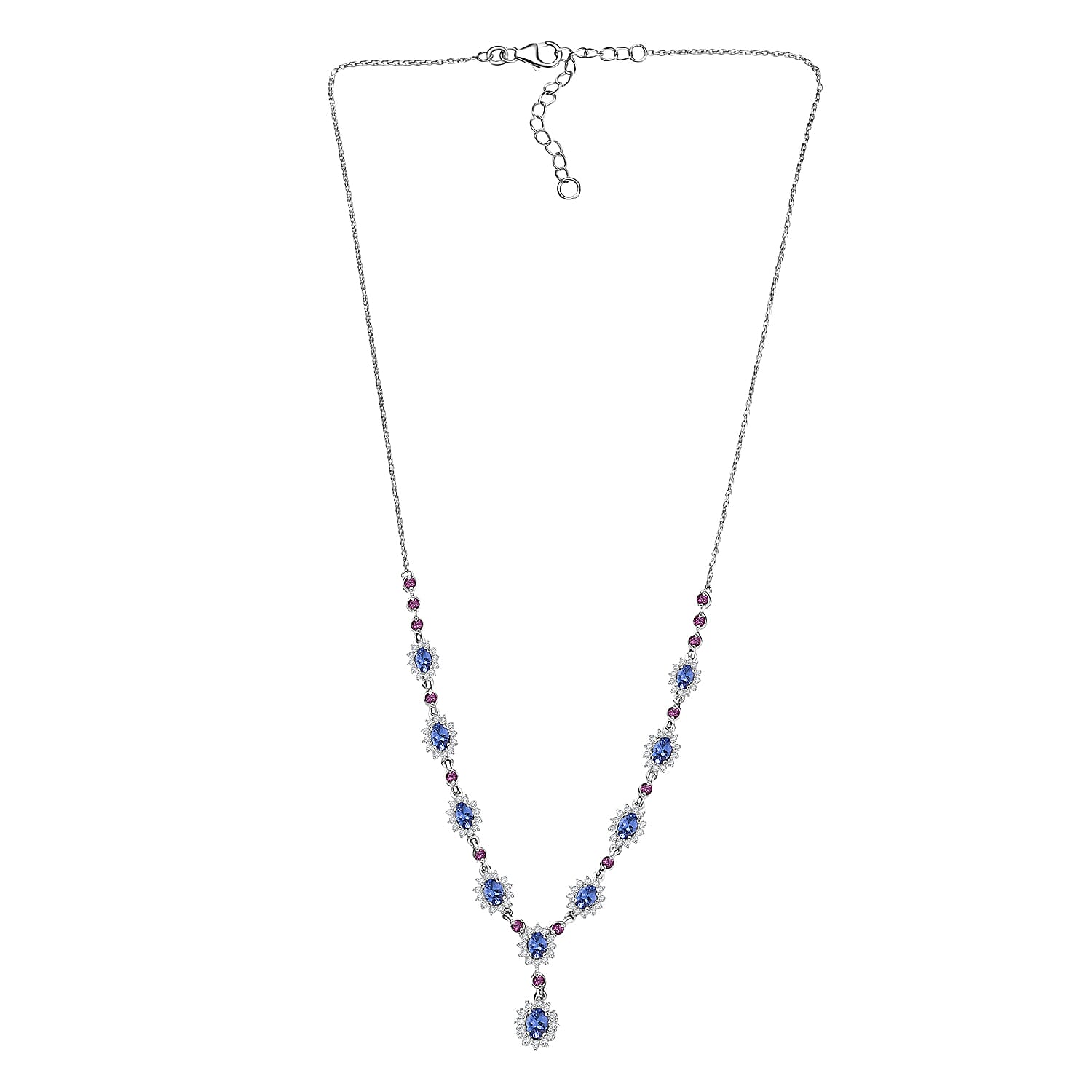D'Joy Tanzanite and Multi Gemstone 5.25 ctw Starburst Halo Necklace 18 Inches in Rhodium Over Sterling Silver