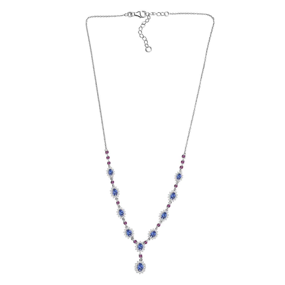 D’Joy Tanzanite and Multi Gemstone 5.25 ctw Starburst Halo Necklace 18 Inches in Rhodium Over Sterling Silver image number 3