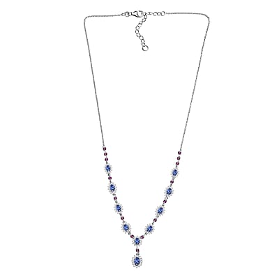D'Joy Tanzanite and Multi Gemstone 5.25 ctw Starburst Halo Necklace 18 Inches in Rhodium Over Sterling Silver