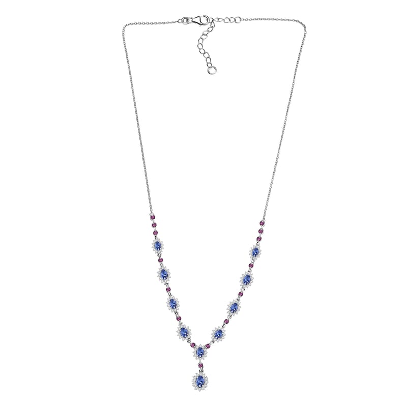 D'Joy Tanzanite and Multi Gemstone 5.25 ctw Starburst Halo Necklace 18 Inches in Rhodium Over Sterling Silver