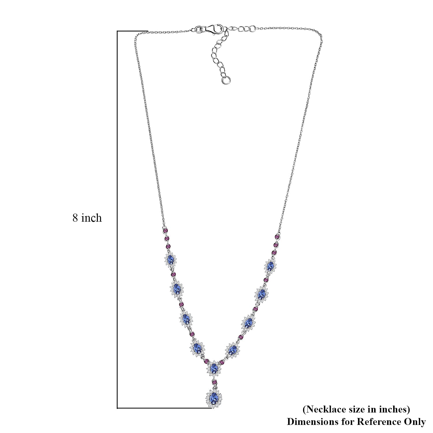 D'Joy Tanzanite and Multi Gemstone 5.25 ctw Starburst Halo Necklace 18 Inches in Rhodium Over Sterling Silver