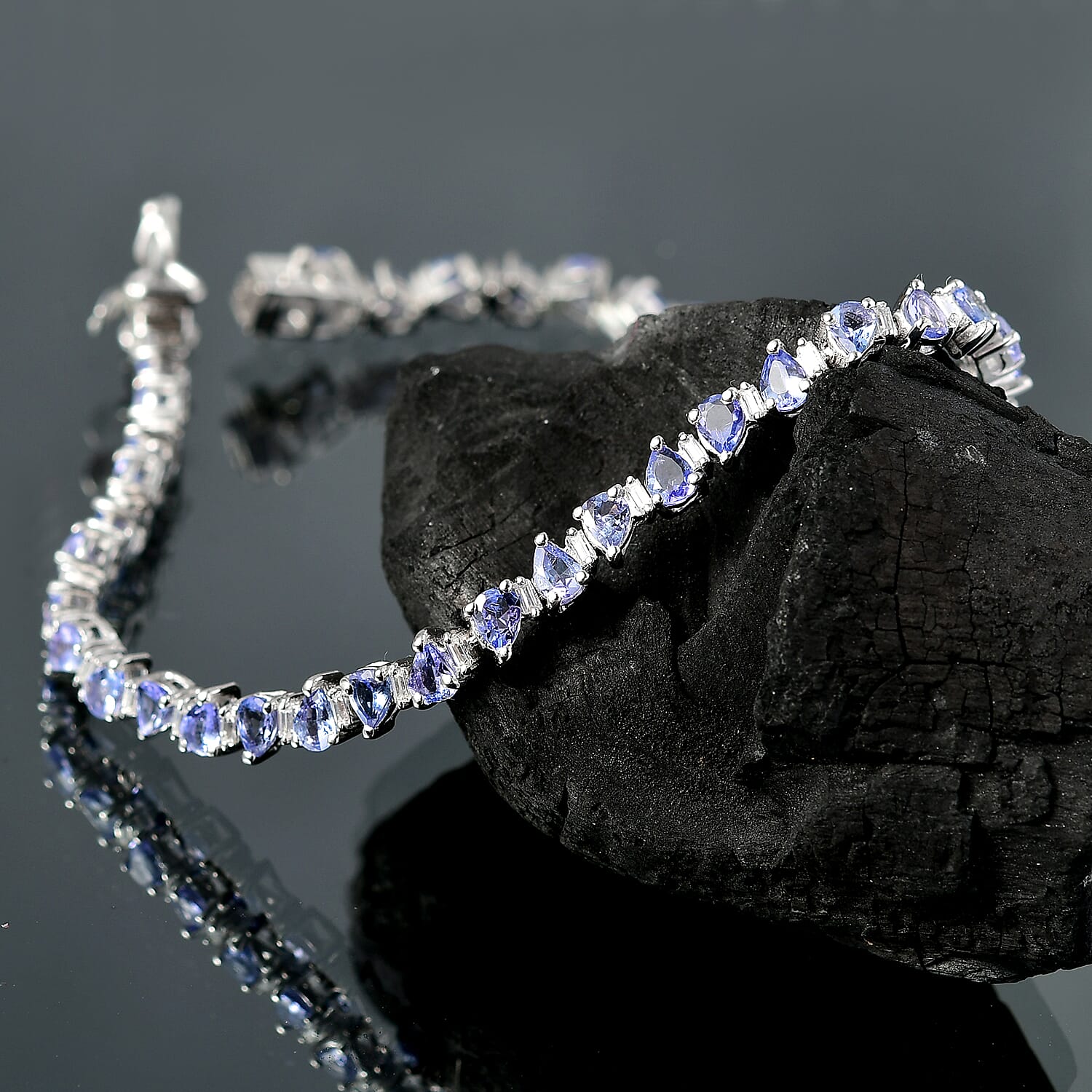 D'Joy Tanzanite and Moissanite 7.90 ctw Floral Vines Bracelet in Rhodium Over Sterling Silver (7.25 In)