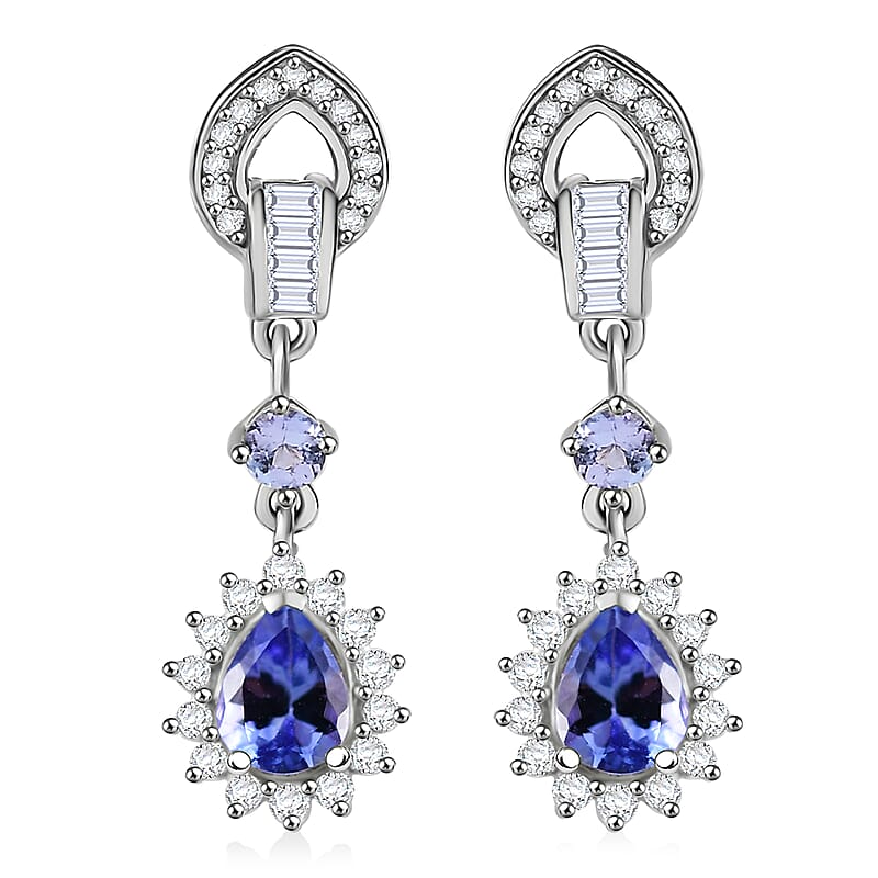 D'Joy Tanzanite and White Zircon 1.50 ctw Starburst Halo Earrings in Rhodium Over Sterling Silver