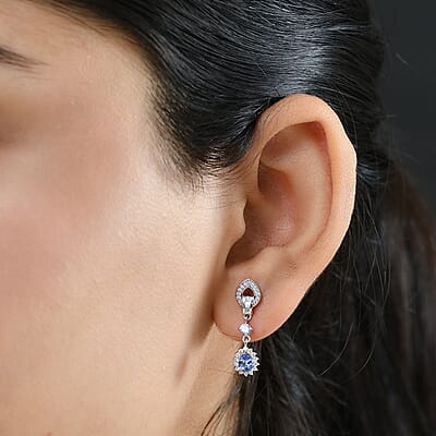 D'Joy Tanzanite and White Zircon 1.50 ctw Starburst Halo Earrings in Rhodium Over Sterling Silver