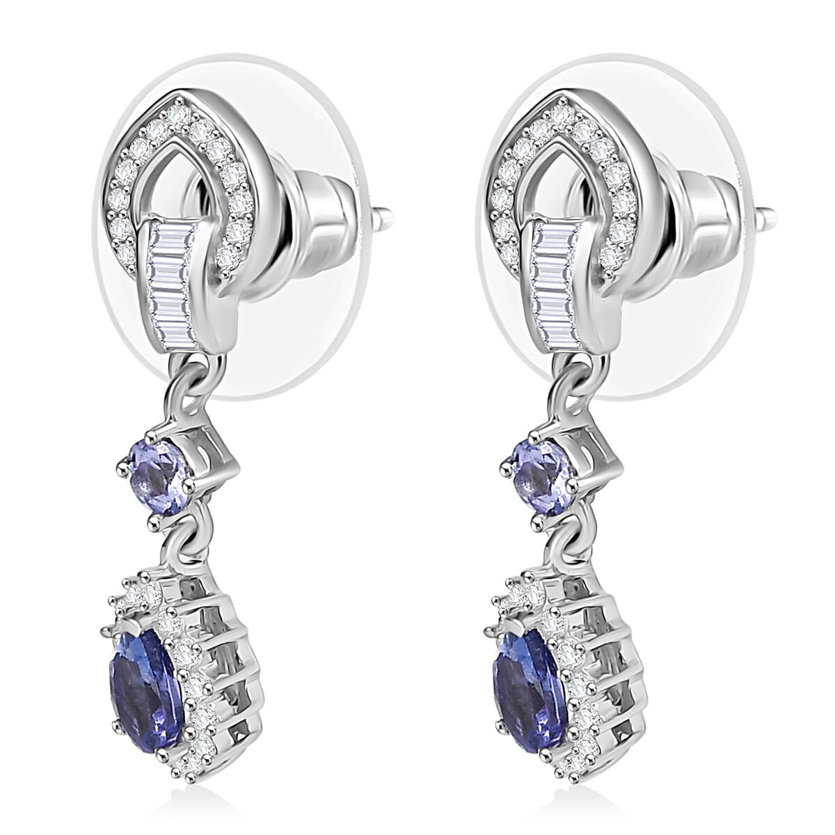 D’Joy Tanzanite and White Zircon 1.50 ctw Starburst Halo Earrings in Rhodium Over Sterling Silver image number 3