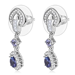 D'Joy Tanzanite and White Zircon 1.50 ctw Starburst Halo Earrings in Rhodium Over Sterling Silver