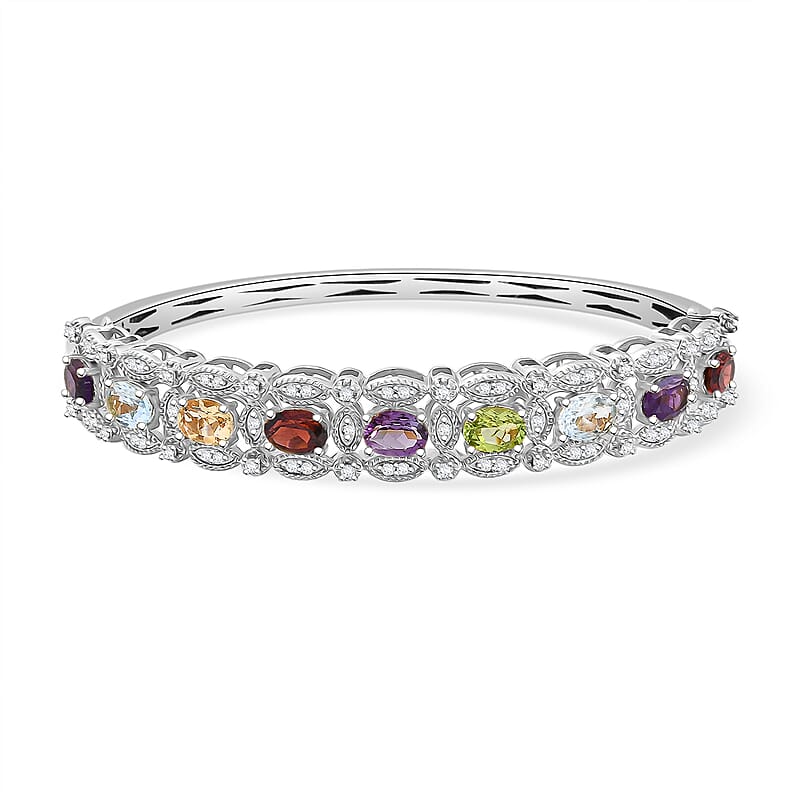 EverTrue Multi Gemstone 8.70 ctw Bangle Bracelet in Platinum Bond (7.25 In) 
